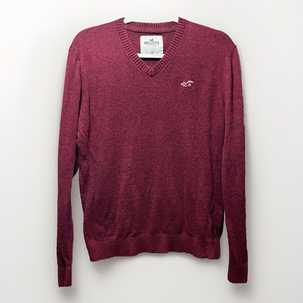 Hollister Mens Burgundy Marled Knit V Neck Long Sleeve Sweater Size Medium‎